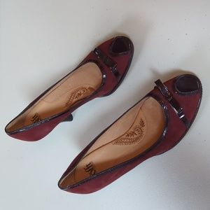 Sofft, burgundy faux suede peep toe heels. Size 9.5